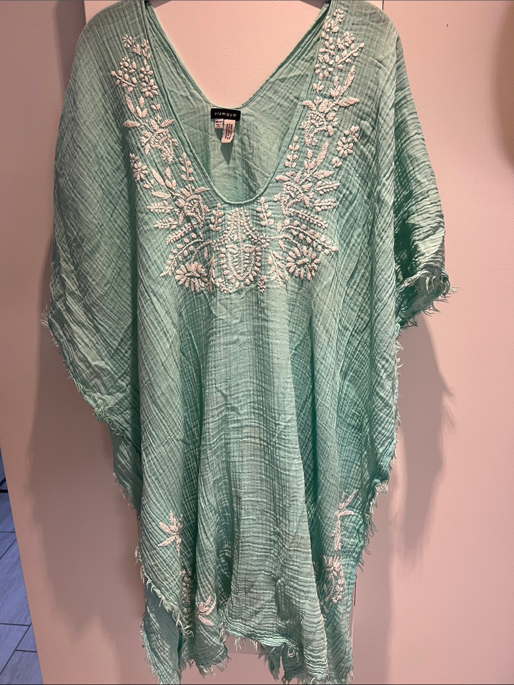 Mint Green Embroidered V-Neck swim cover up.